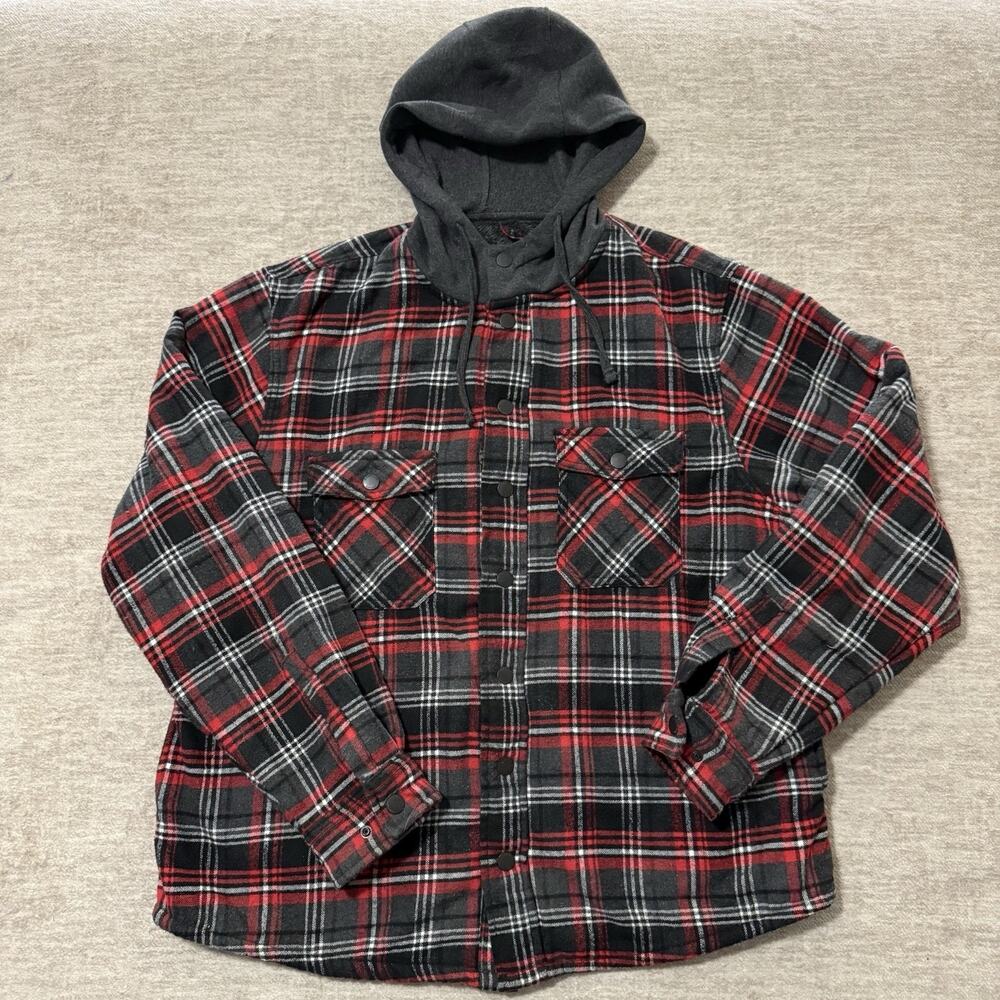 HAWKE & CO Outfitter Men’s Red/Black Plaid Fleece Hoodie Zip Shacket Jacket XL